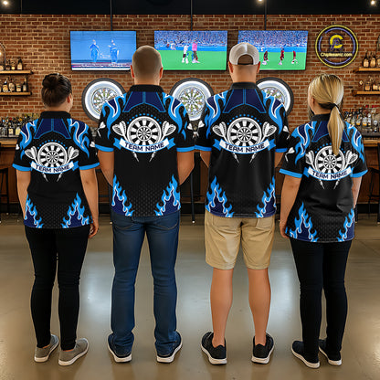 Black And Blue Flaming Darts Jersey Polo & Quarter Zip Custom Darts Team Shirt For Men TDM6146