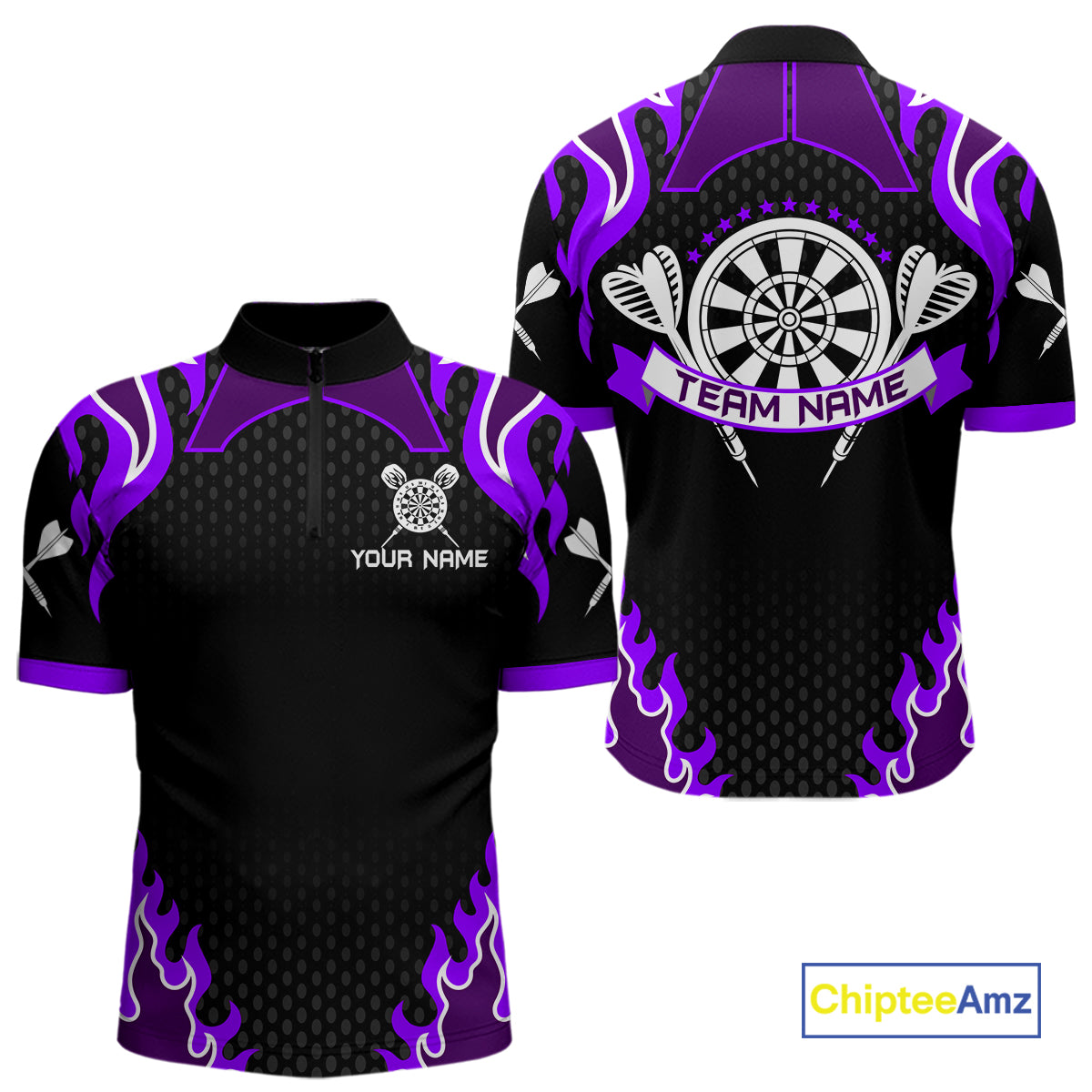 Black And Purple Flaming Darts Jersey Polo & Quarter Zip Custom Darts Team Shirt For Men TDM6147