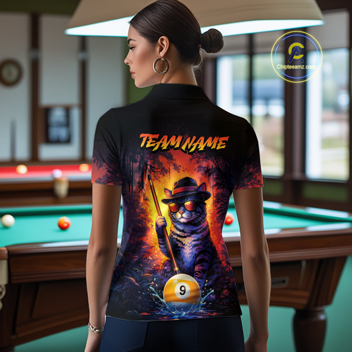 Back view of woman wearing a vintage cat 9 ball pool shirt in a billiards hall.