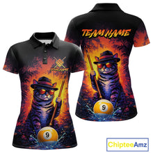 Load image into Gallery viewer, Vintage funny cat 9 ball billiard polo shirt for women with custom pool team graphics.
