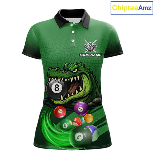 Green polo shirt with an alligator and billiard ball design, featuring customizable "Your Name" and "Team Name" text for a personalized look.