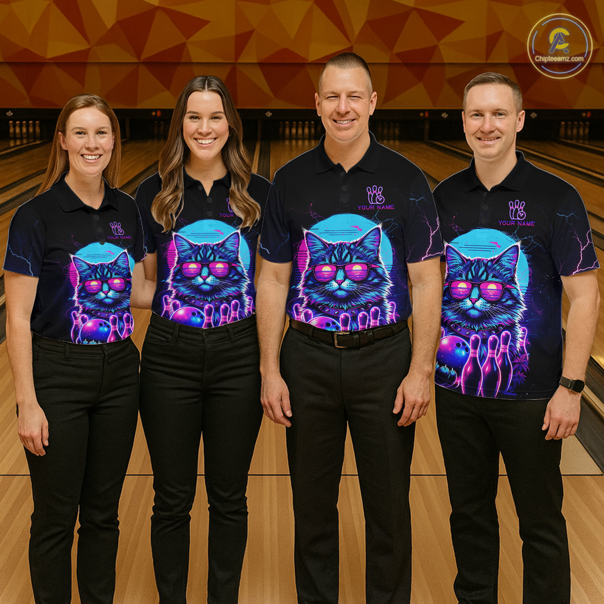 Funny Cat Retro Neon Bowling Shirt For Men Custom Bowling Team Jersey Polo & Quarter Zip TDM5817