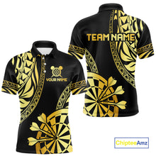 Load image into Gallery viewer, Black and gold tribal darts polo shirt for men with custom player name and team name.