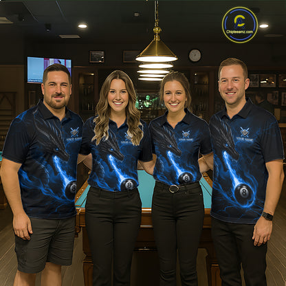 Pool team wearing matching blue dragon 8 ball pool fire billiard jerseys front view.