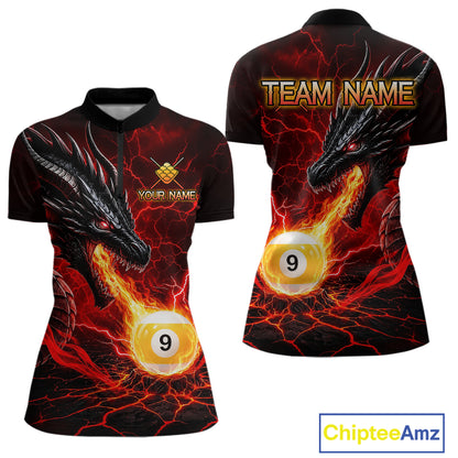 Custom dragon 9 ball pool fire quarter zip billiard shirt for women, red pool team jersey uniform.