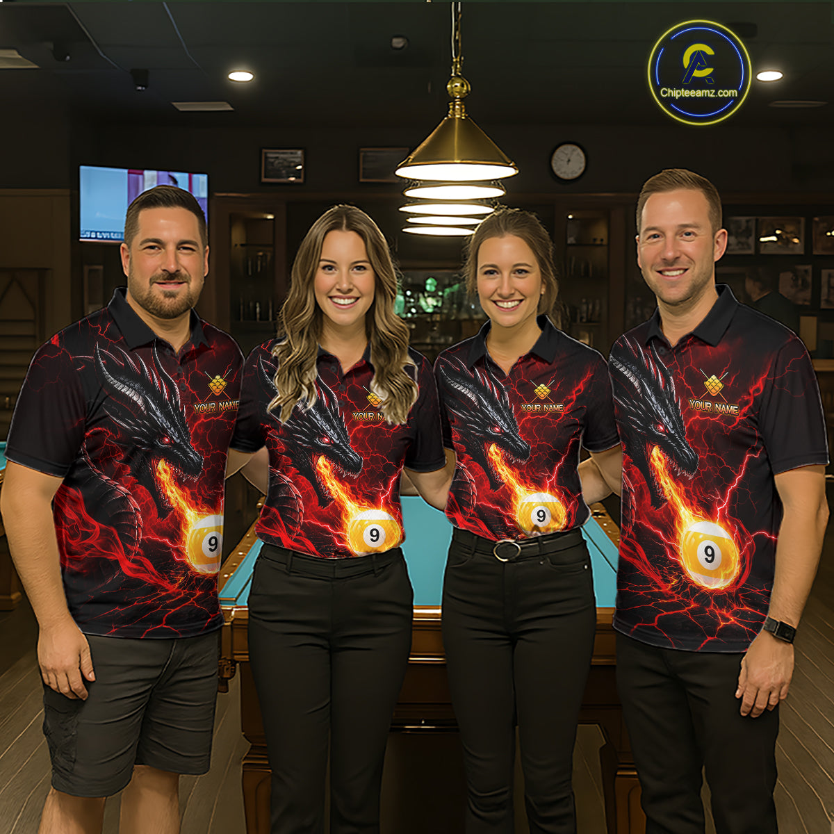 Pool team wearing matching red dragon 9 ball pool fire billiard jerseys front view.