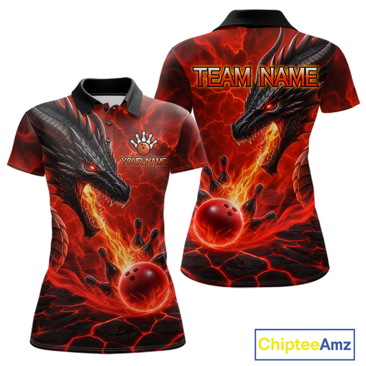 Dragon fire flame red bowling team polo shirt for women with dragon artwork.