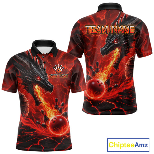 Dragon fire flame red bowling team polo shirt for men with dragon artwork.