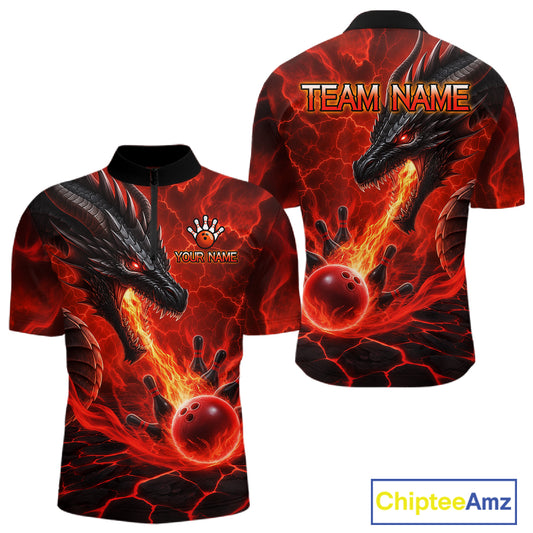 Dragon fire flame red bowling quarter zip shirt for men, custom bowling league jersey.