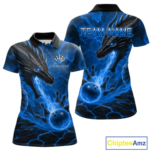 Dragon fire flame blue bowling team polo shirt for women with dragon artwork.