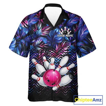 Blue And Pink Tropical Floral Bowling Hawaiian Shirt For Men Women Custom Bowling Team Jersey TDM6222
