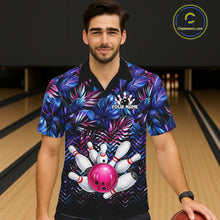 Load image into Gallery viewer, Custom Blue And Pink Tropical Floral Bowling Shirt For Men, Bowling Team Jersey Polo &amp; 1/4 Zip TDM6222