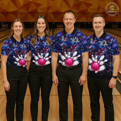Custom Blue And Pink Tropical Floral Bowling Shirt For Women, Bowling Team Jersey Polo & 1/4 Zip TDM6222