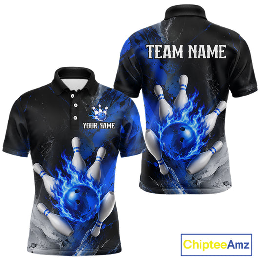 Black and blue flaming bowling team polo shirt for men.
