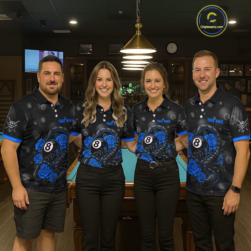 Black Blue 8 Ball Scorpion Roses Billiard Shirt For Women Custom Pool Team Shirt, Billiard Jersey TDM5346