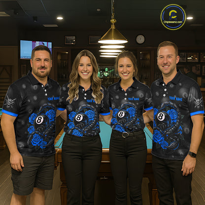 Black Blue 8 Ball Scorpion Roses Billiard Shirt For Women Custom Pool Team Shirt, Billiard Jersey TDM5346