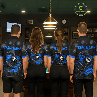 Black Blue 8 Ball Scorpion Roses Billiard Shirt For Women Custom Pool Team Shirt, Billiard Jersey TDM5346