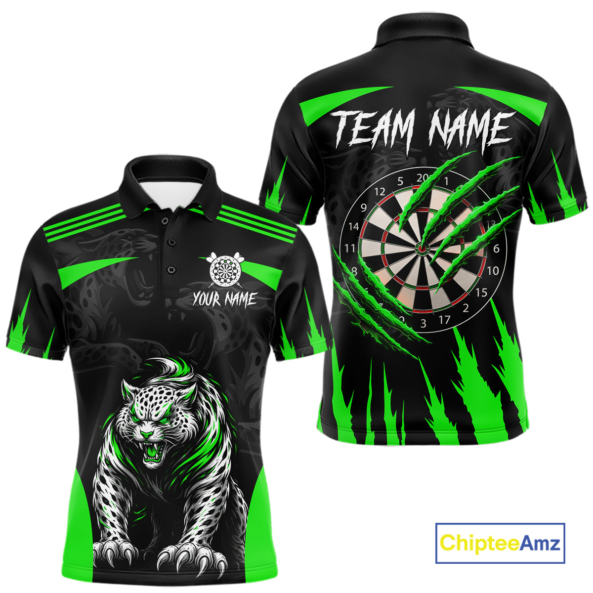 Black And Green Custom Leopard Darts Shirt For Men, Darts Team Jersey Polo & Quarter Zip TDM5627