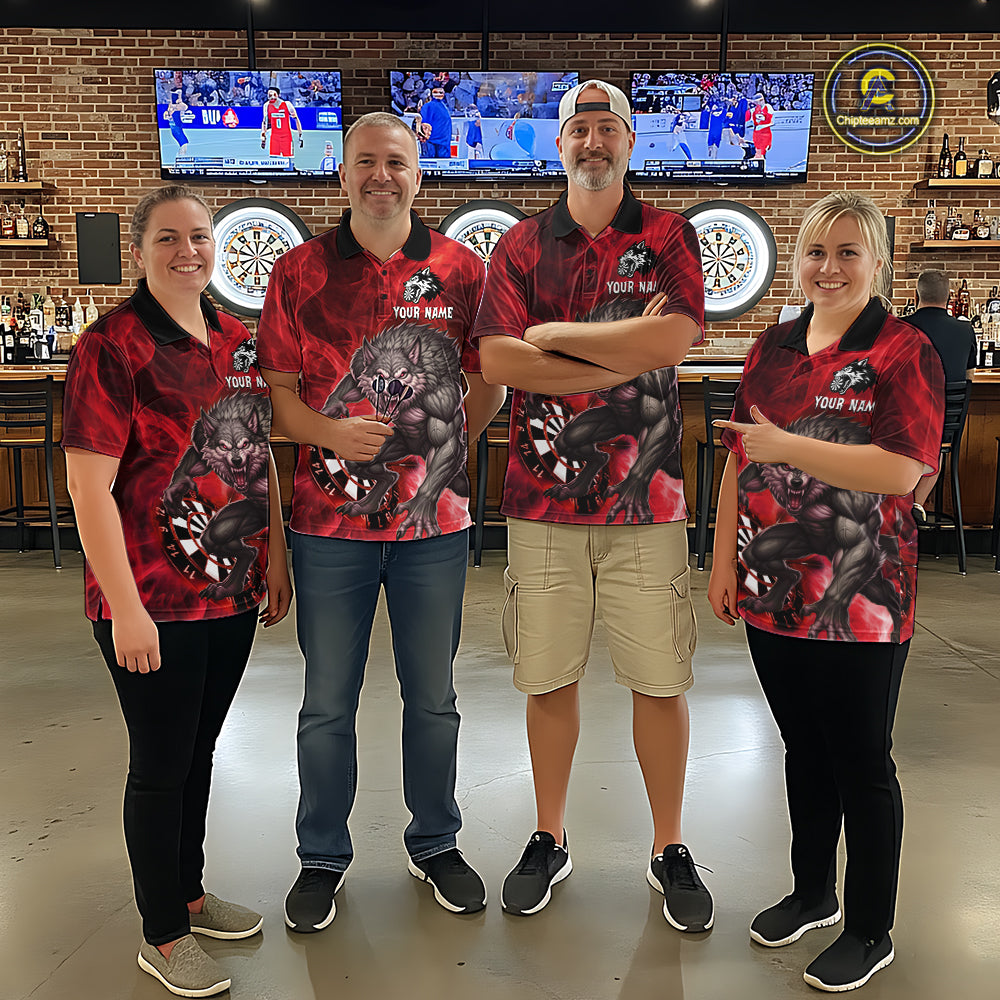 Red Flaming Wolf Darts Shirt For Women Custom Darts League Jersey Team Polo & Quarter Zip TDM5359