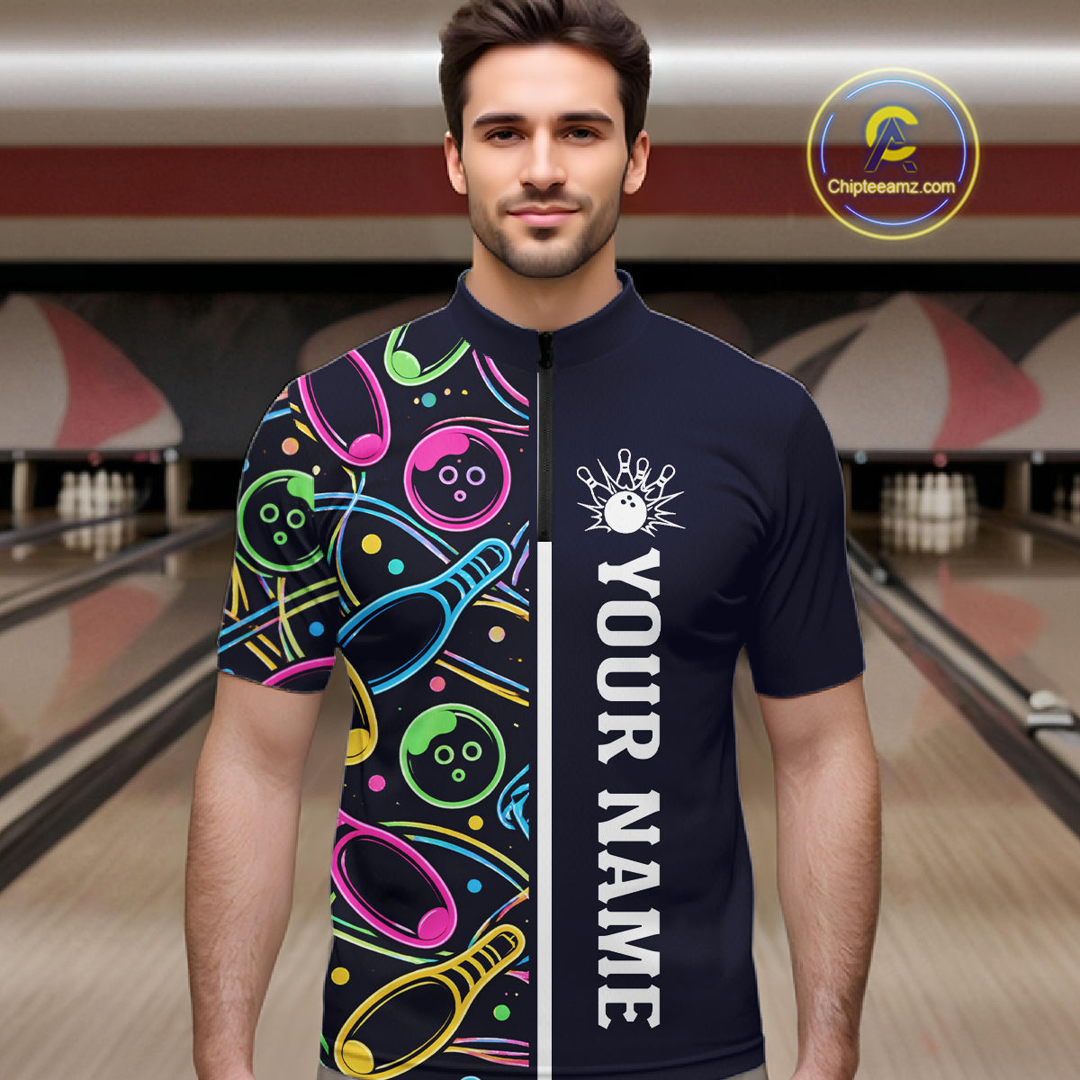 Personalized Funny Neon Bowling Shirt For Men, Retro Bowling Team Jersey Polo & 1/4 Zip | Navy Blue TDM6460