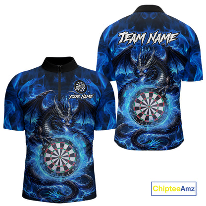 Personalized blue flame dragon darts quarter zip shirt for men built for darts tournaments and league competition.