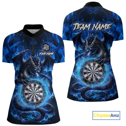 Personalized blue flame dragon darts quarter zip shirt for women built for darts tournaments and league competition.