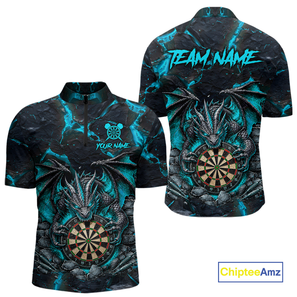 Black and Turquoise Fire Flame Dragon Quarter Zip Darts Shirt for Men Created for Competitive Dart League Teams with Performance Fabric and Tournament Ready Team Design