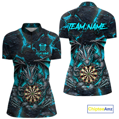 Black and Turquoise Fire Flame Dragon Quarter Zip Darts Shirt for Women Created for Competitive Dart League Teams with Performance Fabric and Tournament Ready Team Design