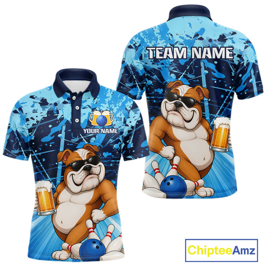 Blue Funny Bulldog Bowling Beer Polo & 1/4 Zip Shirts For Men Custom Bowling Team Jersey TDM6473