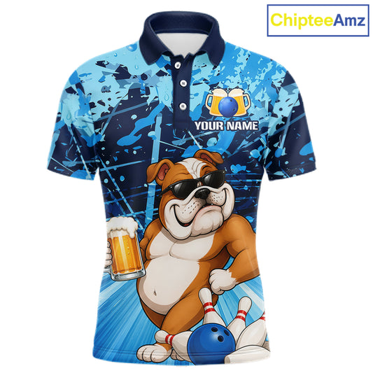 Blue Funny Bulldog Bowling Beer Polo & 1/4 Zip Shirts For Men Custom Bowling Team Jersey TDM6473