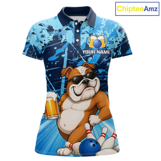 Blue Funny Bulldog Bowling Beer Polo & 1/4 Zip Shirts For Women Custom Bowling Team Jersey TDM6473