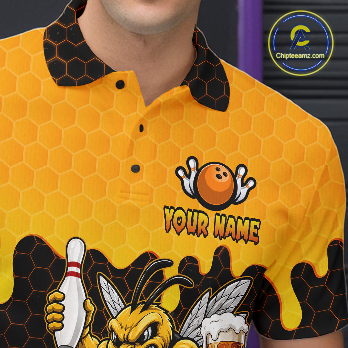 Close-up of the men's Black and Yellow Funny Bee Beer Bowling polo shirt highlighting the collar, button placket, chest bee artwork and premium fabric details