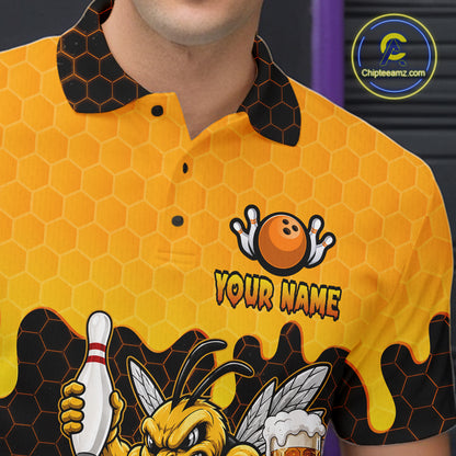 Close-up of the men's Black and Yellow Funny Bee Beer Bowling polo shirt highlighting the collar, button placket, chest bee artwork and premium fabric details
