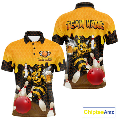 Black and Yellow Funny Bee Beer Bowling Shirt design featuring a funny bee holding a beer mug with black, yellow and hexagon pattern on a custom polo bowling shirt for men