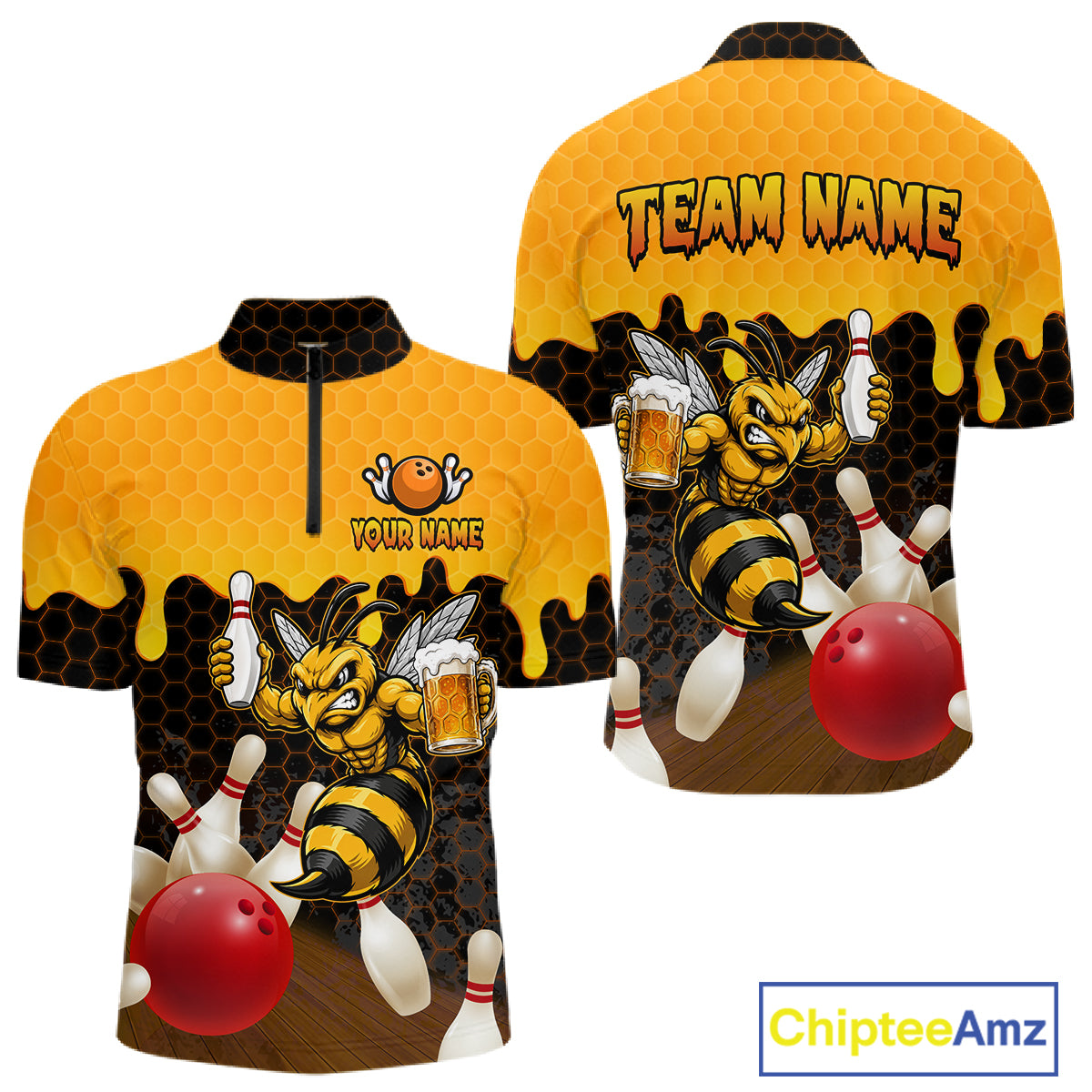 Black and Yellow Funny Bee Beer Bowling quarter zip bowling shirt featuring a funny bee, beer mug and bold black and yellow hexagon design for men