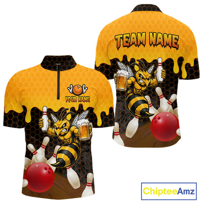 Black and Yellow Funny Bee Beer Bowling quarter zip bowling shirt featuring a funny bee, beer mug and bold black and yellow hexagon design for men