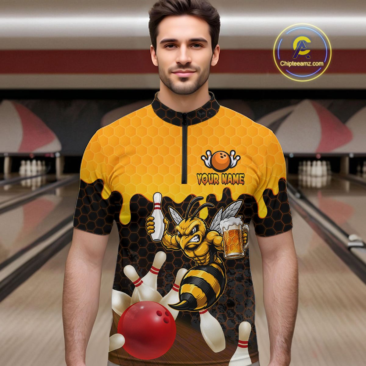 Male model wearing the Black and Yellow Funny Bee Beer Bowling quarter zip shirt with funny bee and beer themed bowling artwork, front view