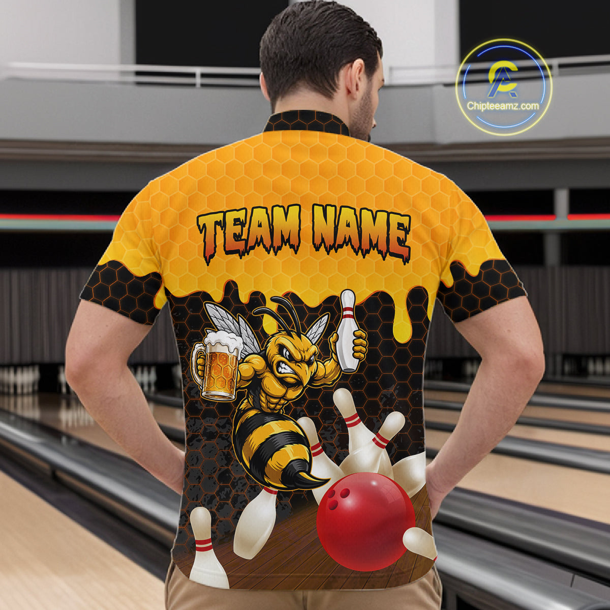 Male model wearing the Black and Yellow Funny Bee Beer Bowling quarter zip shirt featuring modern yellow hexagon graphics, back view