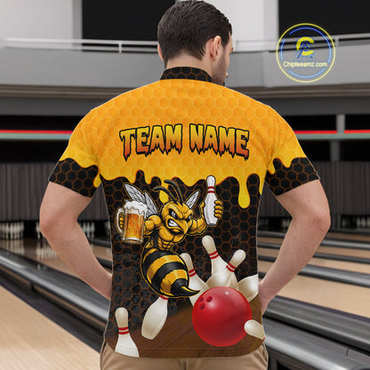 Male model wearing the Black and Yellow Funny Bee Beer Bowling quarter zip shirt featuring modern yellow hexagon graphics, back view
