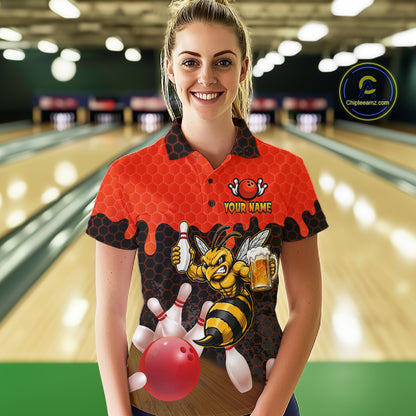 Female model wearing the Black and Red Funny Bee Beer Bowling polo shirt with funny bee, beer mug and red hexagon graphics, front view