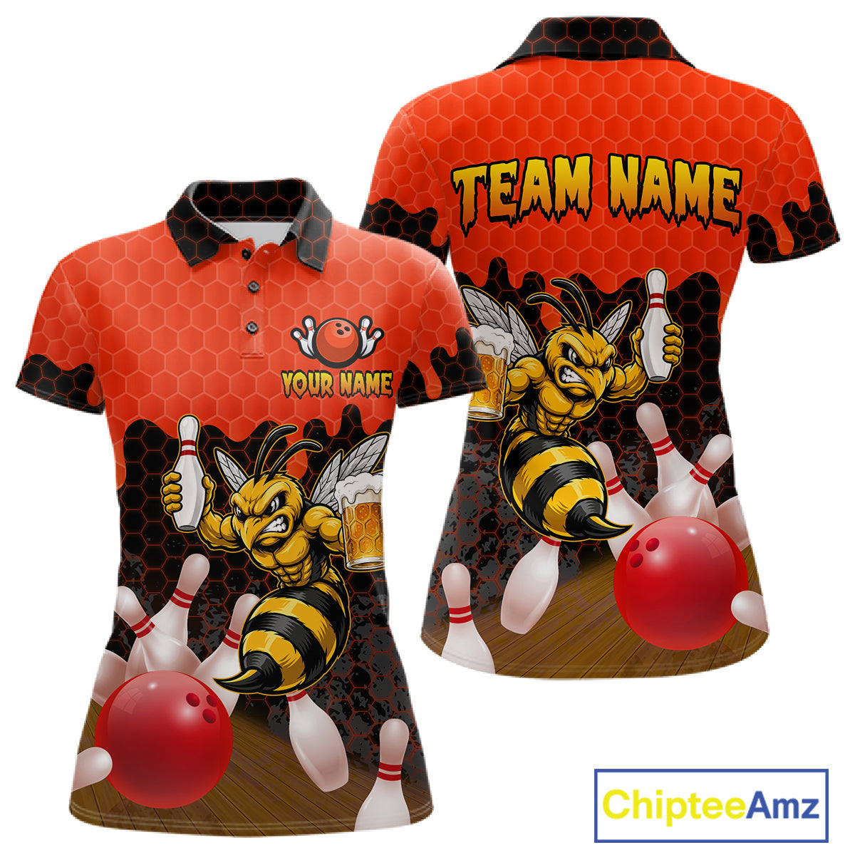 Black and Red Funny Bee Beer Bowling Shirt design featuring a funny bee holding a beer mug with black, red and hexagon pattern on a custom polo bowling shirt for women