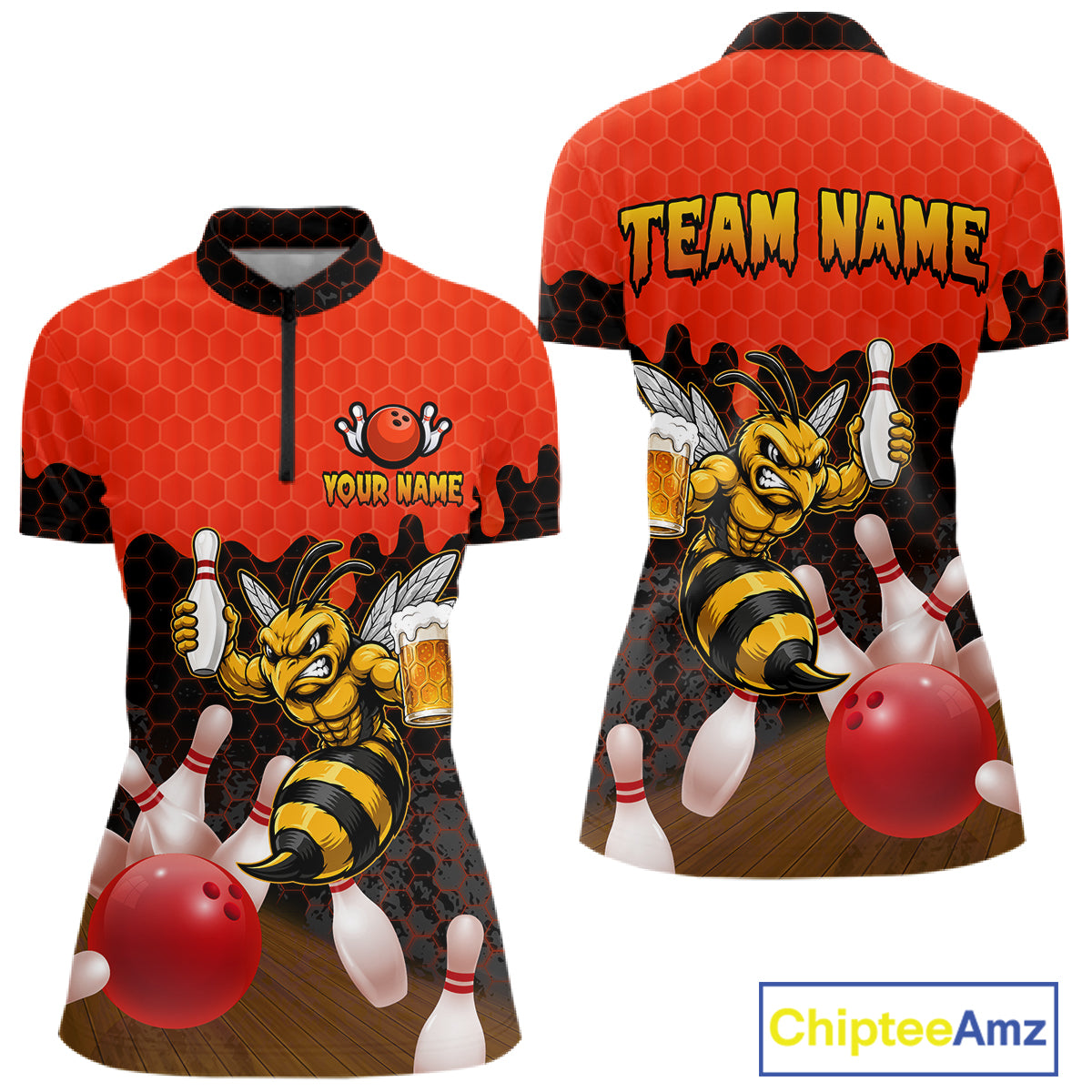 Black and Red Funny Bee Beer Bowling quarter zip bowling shirt featuring a funny bee, beer mug and bold black and red hexagon design for women