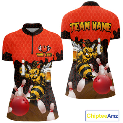 Black and Red Funny Bee Beer Bowling quarter zip bowling shirt featuring a funny bee, beer mug and bold black and red hexagon design for women