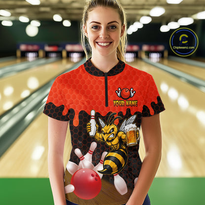 Female model wearing the Black and Red Funny Bee Beer Bowling quarter zip shirt featuring funny bee and beer themed bowling artwork, front view