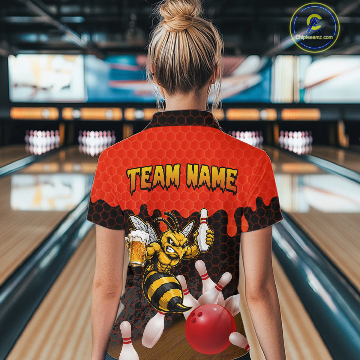Female model wearing the Black and Red Funny Bee Beer Bowling polo shirt featuring bold red hexagon bowling graphics, back view