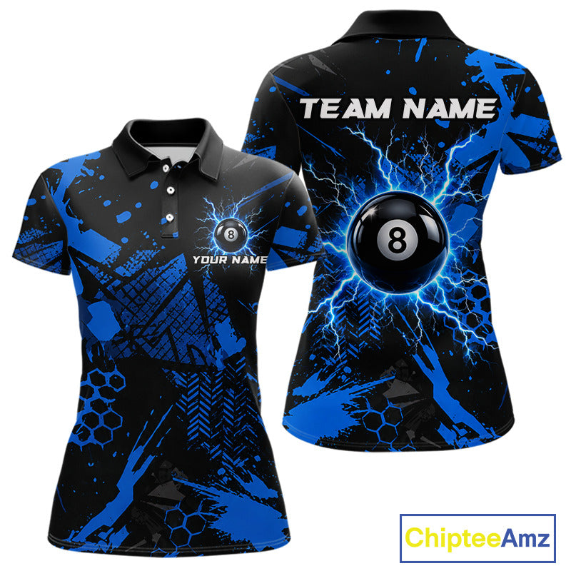 Black And Blue Grunge Lightning 8 Ball Pool Jersey For Women Custom Billiard League Team Shirts TDM7172