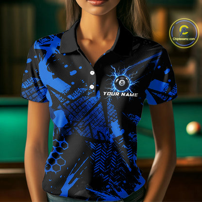 Black And Blue Grunge Lightning 8 Ball Pool Jersey For Women Custom Billiard League Team Shirts TDM7172