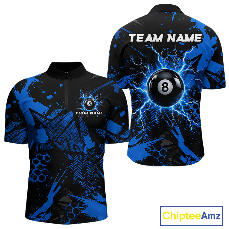 Black And Blue Grunge Lightning 8 Ball Pool Jersey For Men Custom Billiard League Team Shirts TDM7172
