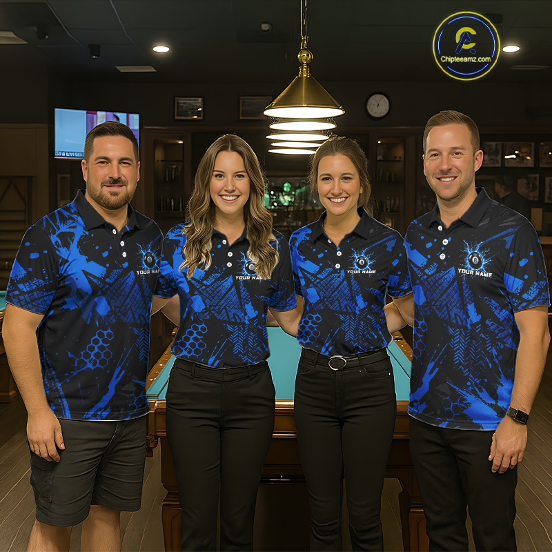 Black And Blue Grunge Lightning 8 Ball Pool Jersey For Women Custom Billiard League Team Shirts TDM7172