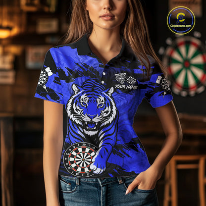 Personalized Blue Dartboard Tiger Darts Shirt For Women Custom Darts Jersey Team Polo & 1/4 Zip TDM7186